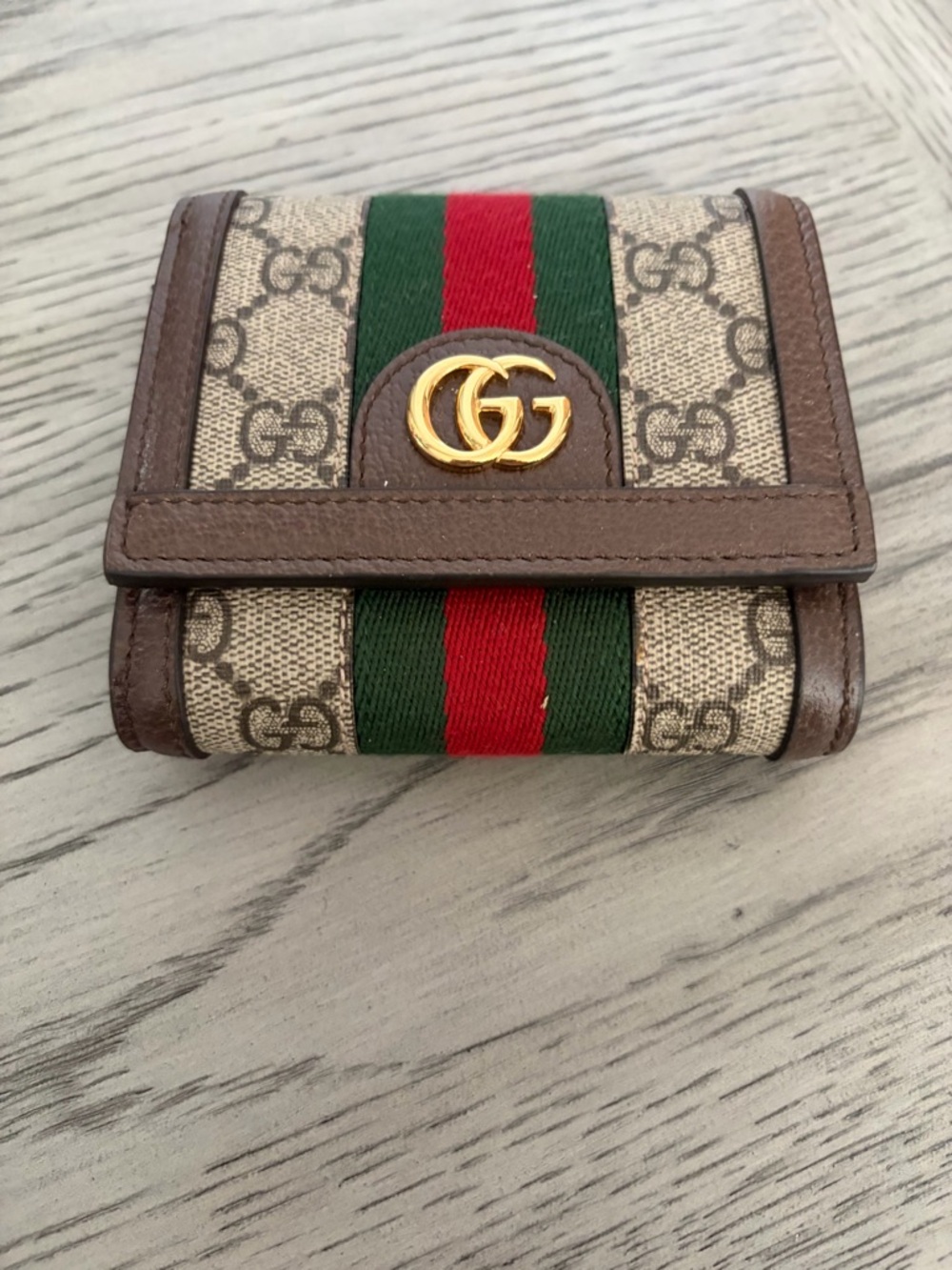 Gucci Beige GG Canvas Wallet with Green & Red Web and Gold Logo